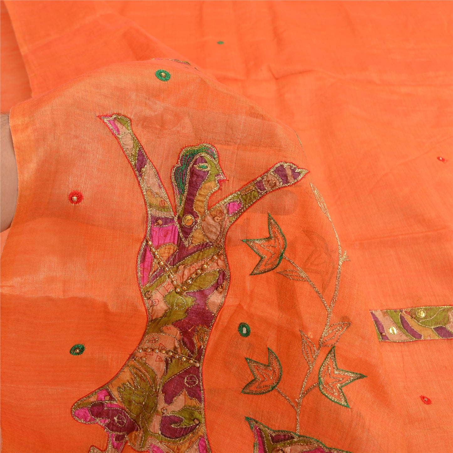 Sanskriti Vintage Orange Saree Pure Cotton Hand Beaded Fabric Craft Sari