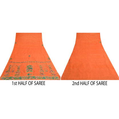 Sanskriti Vintage Orange Saree Pure Cotton Hand Beaded Fabric Craft Sari