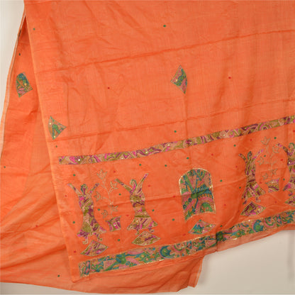 Sanskriti Vintage Orange Saree Pure Cotton Hand Beaded Fabric Craft Sari