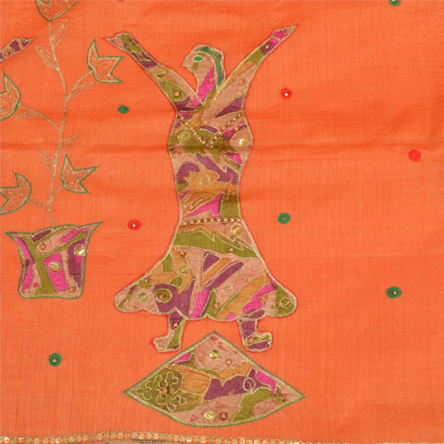 Sanskriti Vintage Orange Saree Pure Cotton Hand Beaded Fabric Craft Sari
