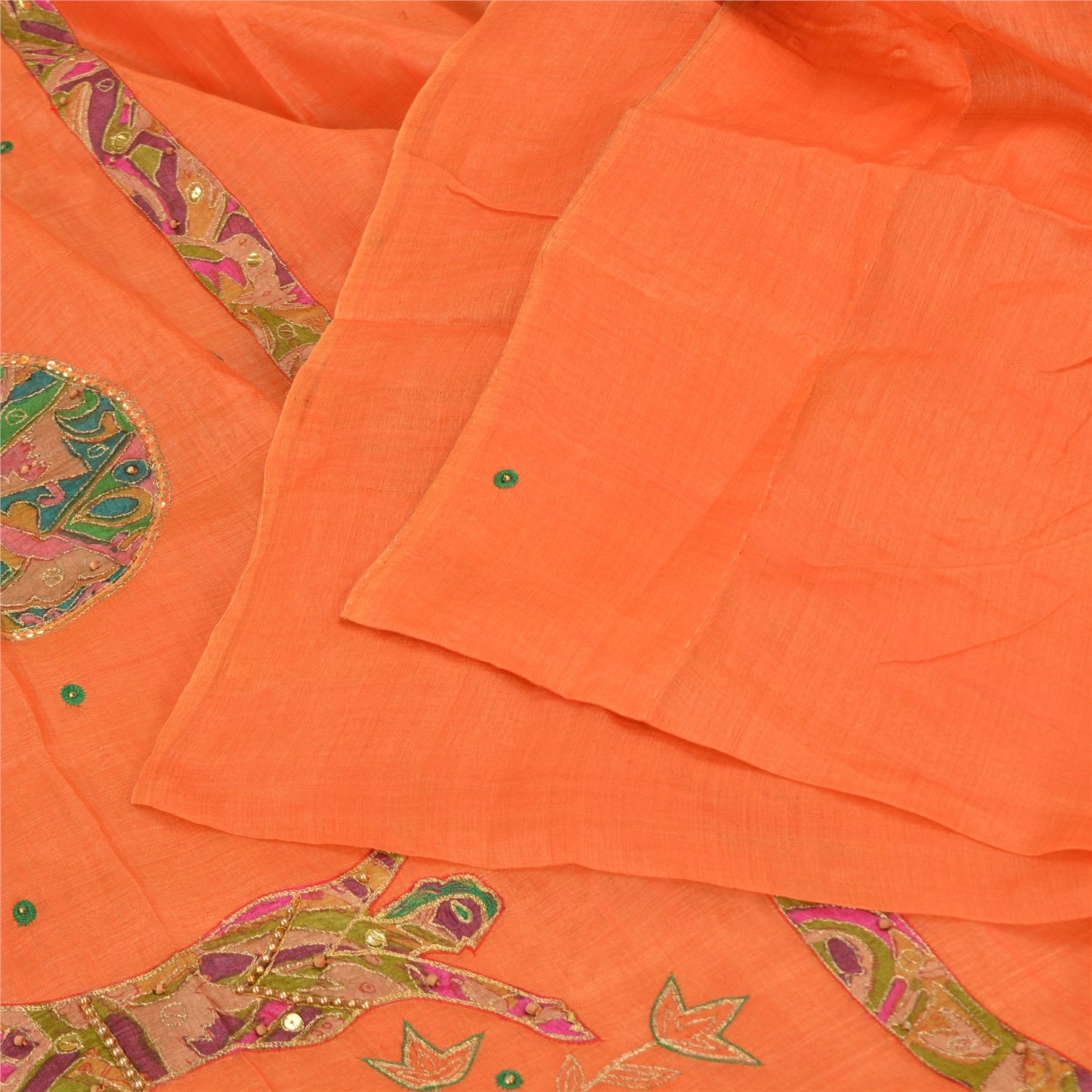 Sanskriti Vintage Orange Saree Pure Cotton Hand Beaded Fabric Craft Sari