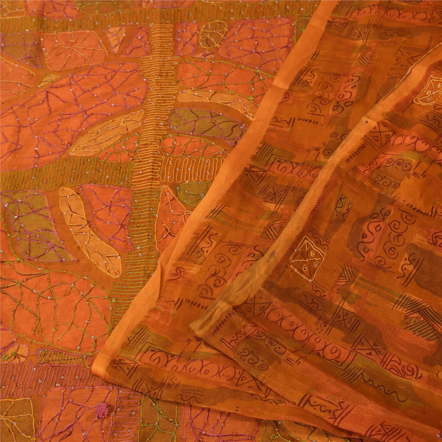 Sanskriti Vintage Orange Sarees Pure Silk Hand Beaded Cut Work 6+YD Fabric Sari