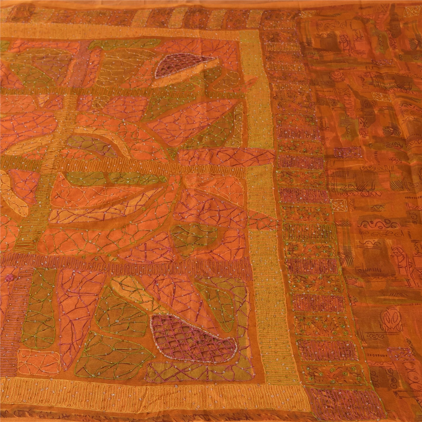 Sanskriti Vintage Orange Sarees Pure Silk Hand Beaded Cut Work 6+YD Fabric Sari