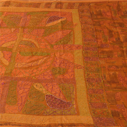Sanskriti Vintage Orange Sarees Pure Silk Hand Beaded Cut Work 6+YD Fabric Sari