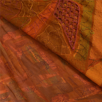 Sanskriti Vintage Orange Sarees Pure Silk Hand Beaded Cut Work 6+YD Fabric Sari