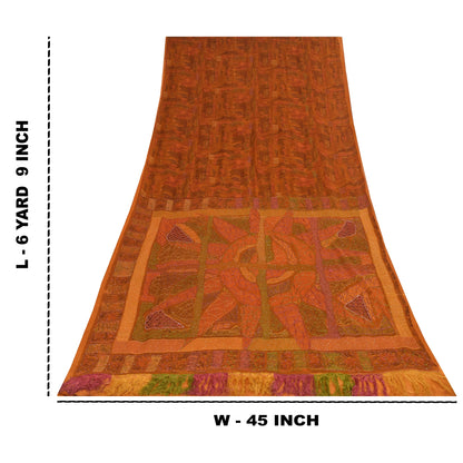 Sanskriti Vintage Orange Sarees Pure Silk Hand Beaded Cut Work 6+YD Fabric Sari