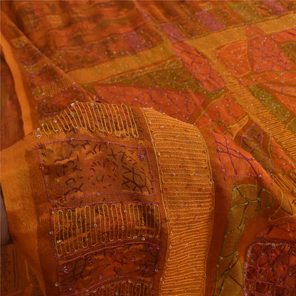 Sanskriti Vintage Orange Sarees Pure Silk Hand Beaded Cut Work 6+YD Fabric Sari
