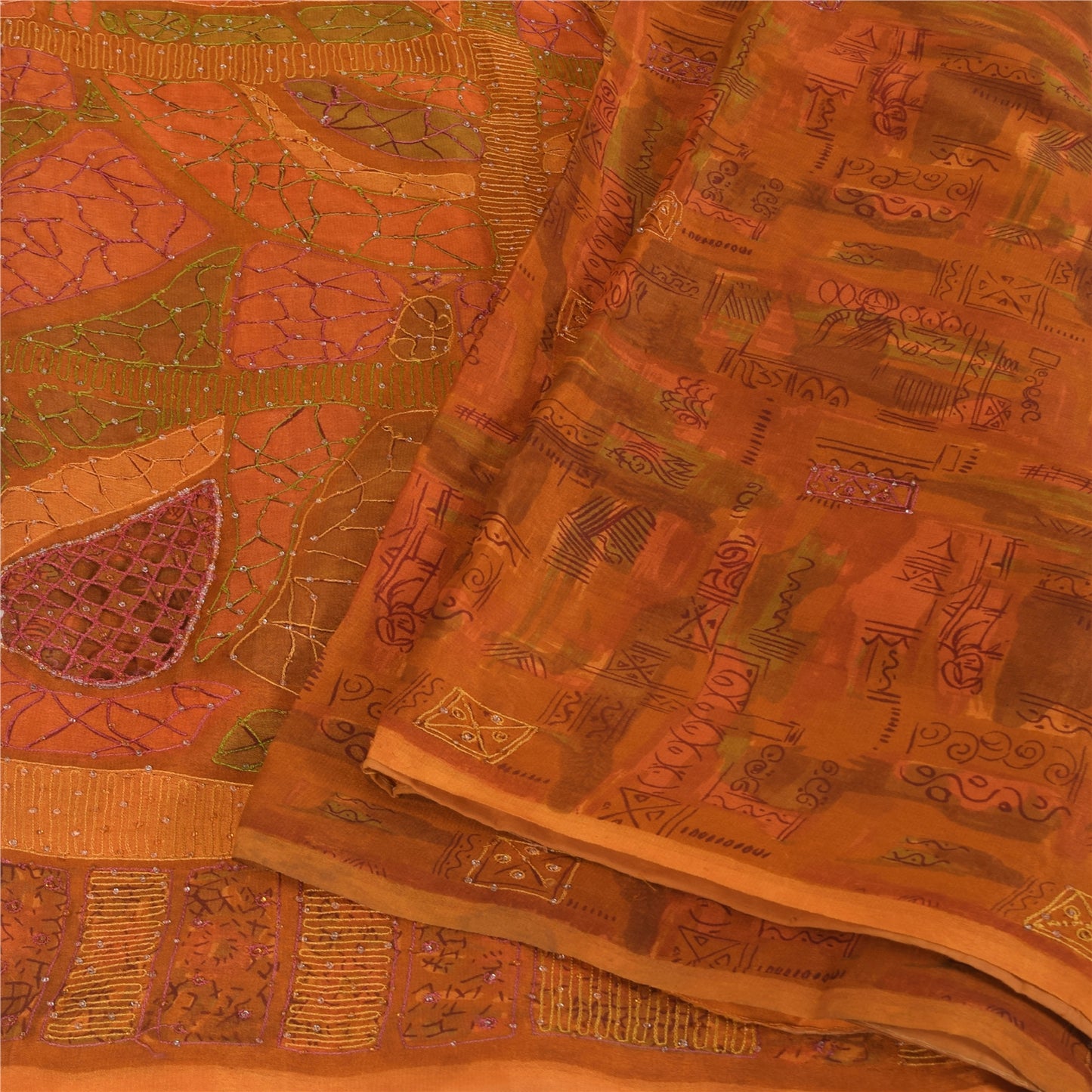 Sanskriti Vintage Orange Sarees Pure Silk Hand Beaded Cut Work 6+YD Fabric Sari