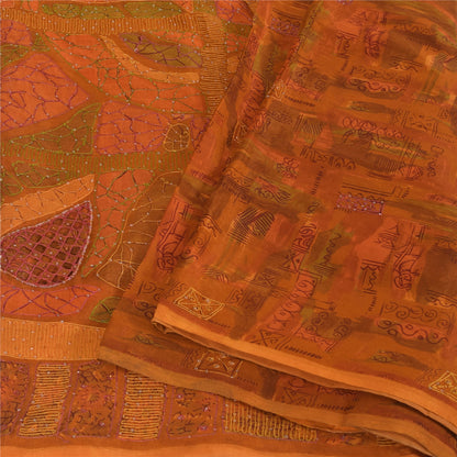 Sanskriti Vintage Orange Sarees Pure Silk Hand Beaded Cut Work 6+YD Fabric Sari