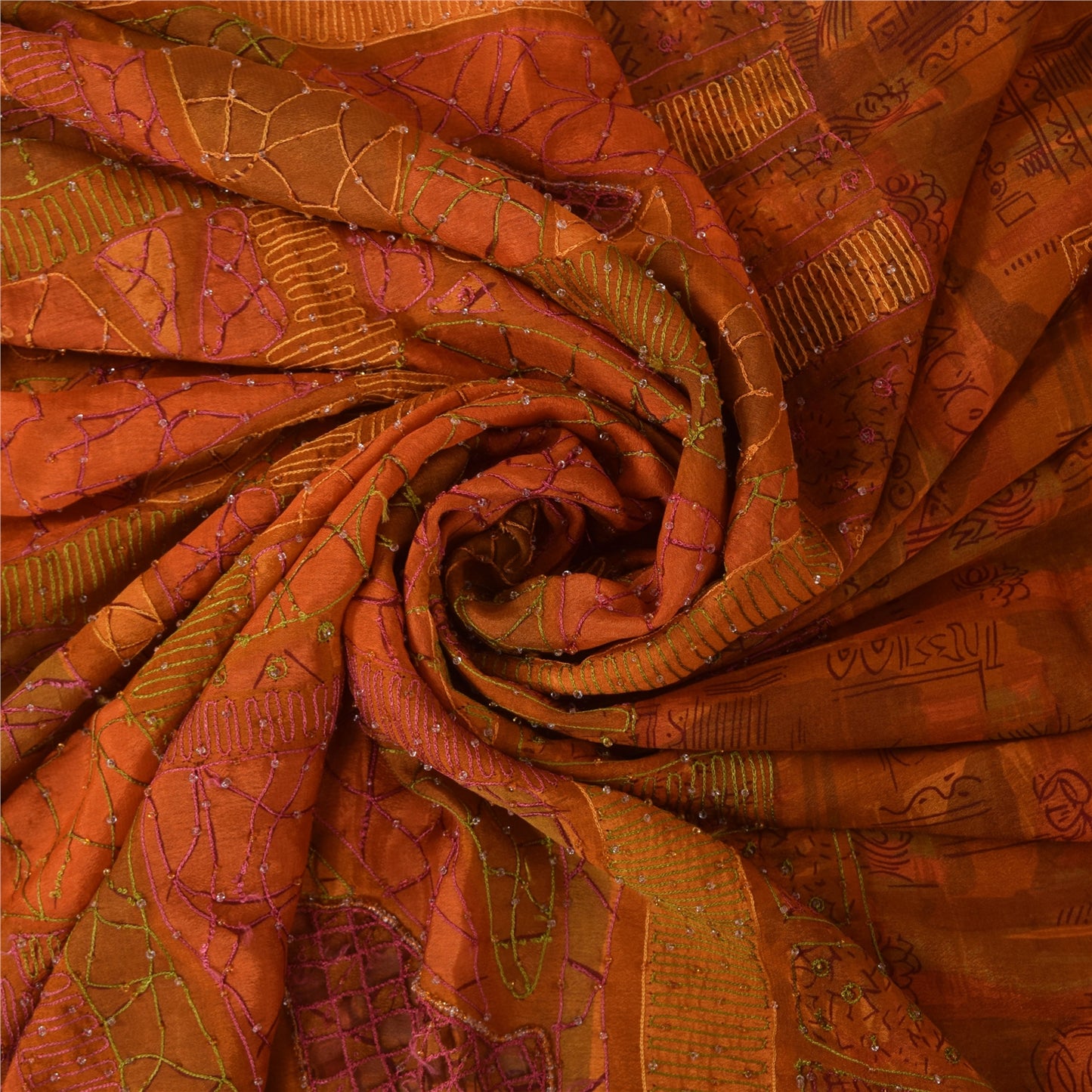 Sanskriti Vintage Orange Sarees Pure Silk Hand Beaded Cut Work 6+YD Fabric Sari