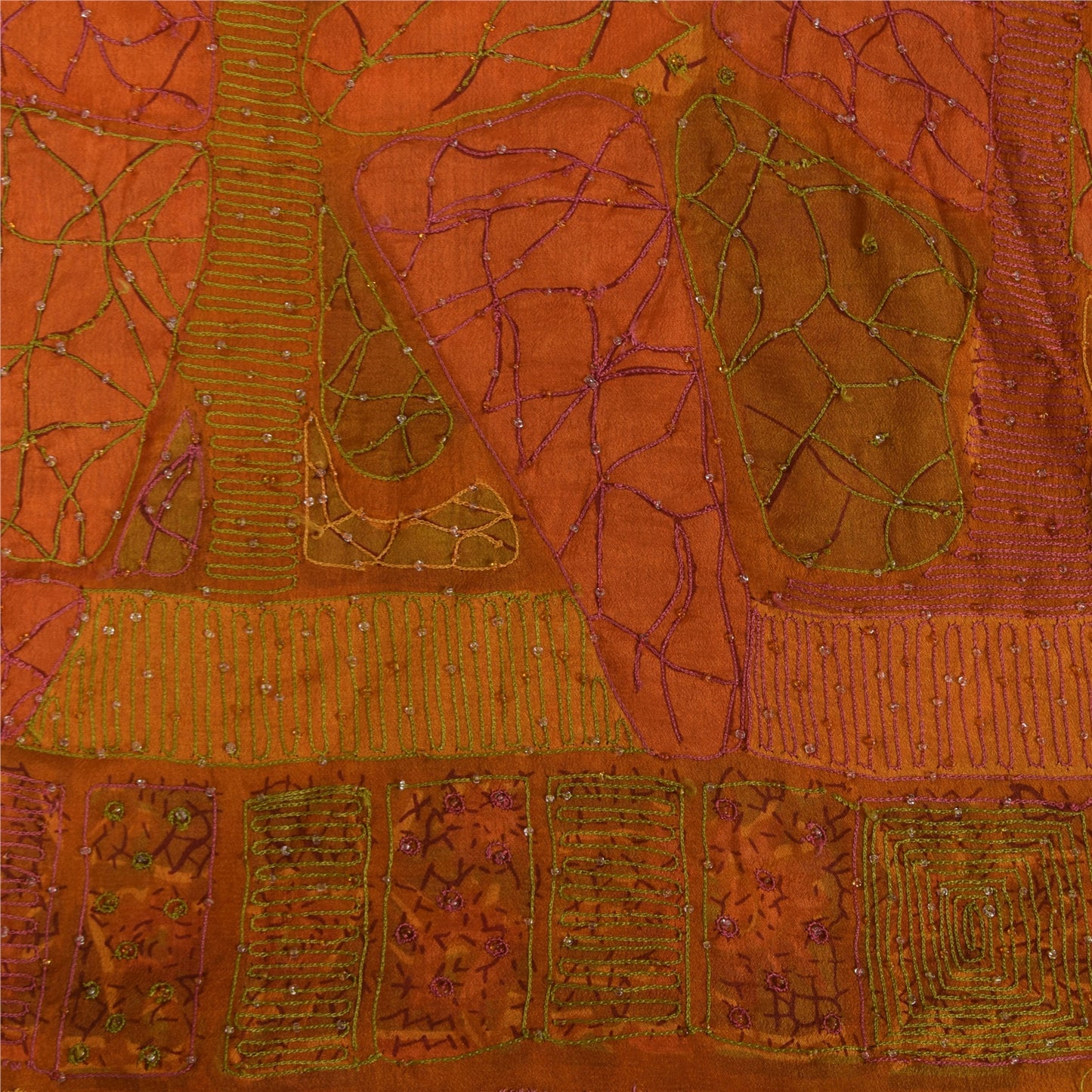 Sanskriti Vintage Orange Sarees Pure Silk Hand Beaded Cut Work 6+YD Fabric Sari