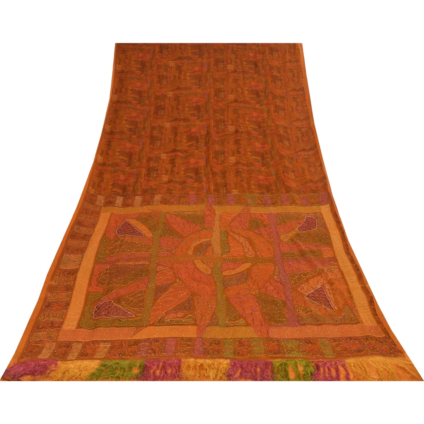 Sanskriti Vintage Orange Sarees Pure Silk Hand Beaded Cut Work 6+YD Fabric Sari