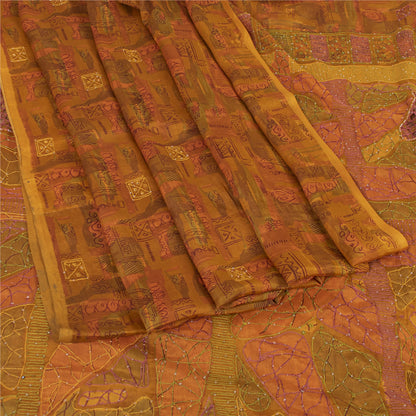 Sanskriti Vintage Orange Sarees Pure Silk Hand Beaded Cut Work 6+YD Fabric Sari