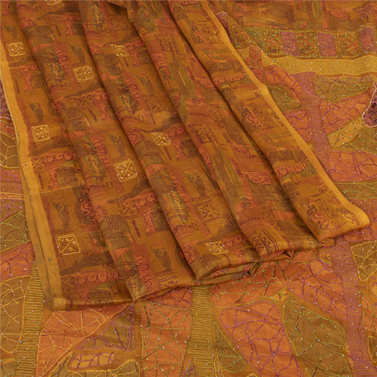 Sanskriti Vintage Orange Sarees Pure Silk Hand Beaded Cut Work 6+YD Fabric Sari