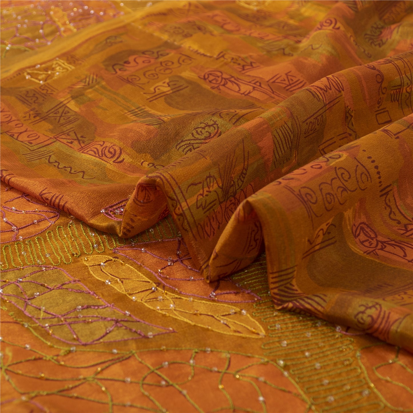 Sanskriti Vintage Orange Sarees Pure Silk Hand Beaded Cut Work 6+YD Fabric Sari
