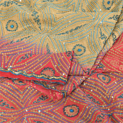 Sanskriti Vintage Cream Sarees Pure Georgette Hand Beaded Craft Fabric 5yd Sari