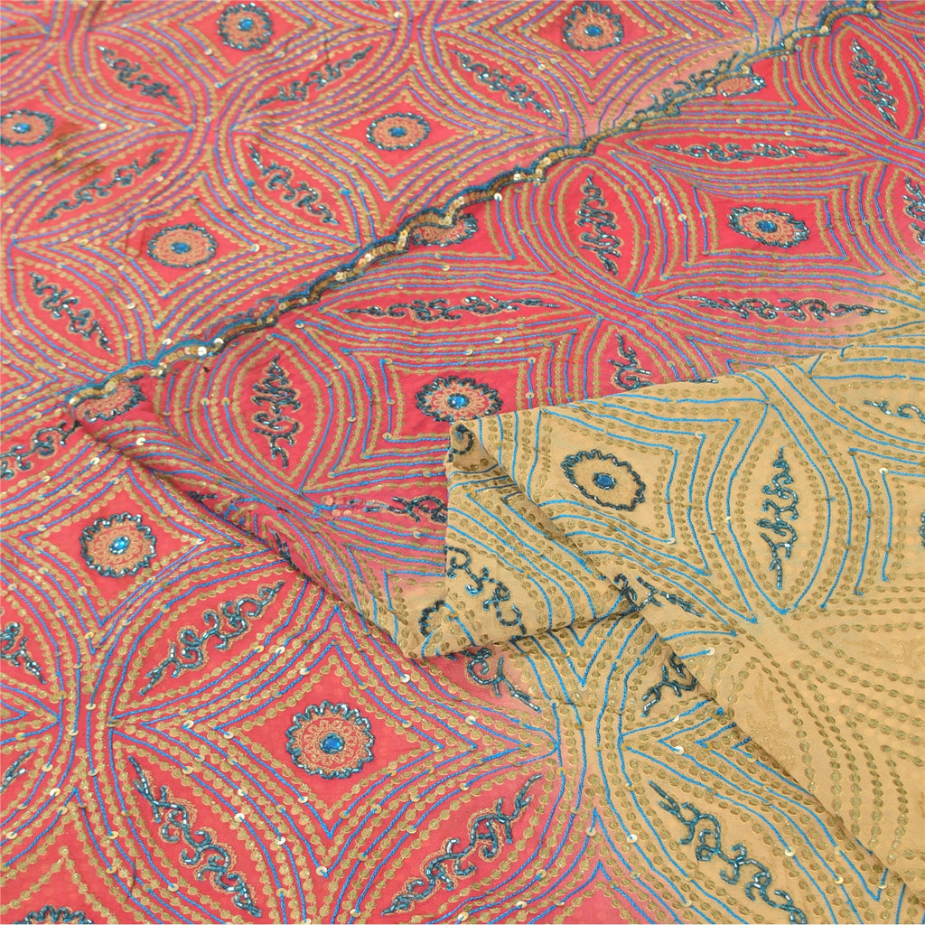 Sanskriti Vintage Cream Sarees Pure Georgette Hand Beaded Craft Fabric 5yd Sari