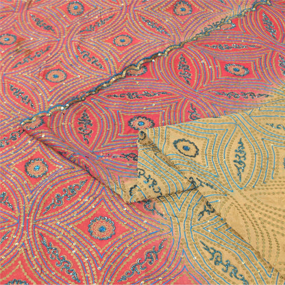 Sanskriti Vintage Cream Sarees Pure Georgette Hand Beaded Craft Fabric 5yd Sari