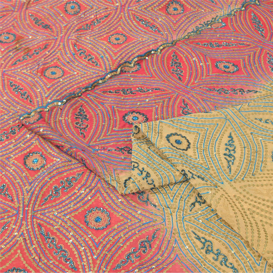 Sanskriti Vintage Cream Sarees Pure Georgette Hand Beaded Craft Fabric 5yd Sari