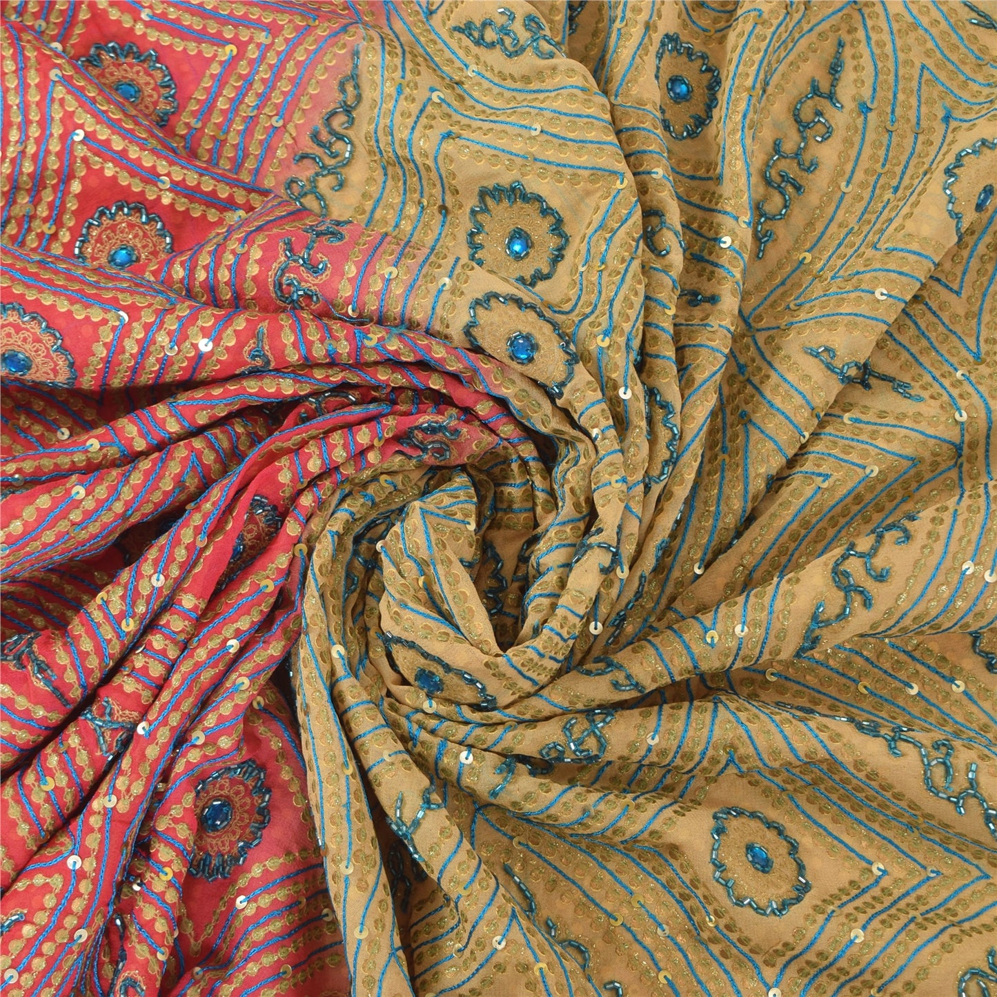 Sanskriti Vintage Cream Sarees Pure Georgette Hand Beaded Craft Fabric 5yd Sari