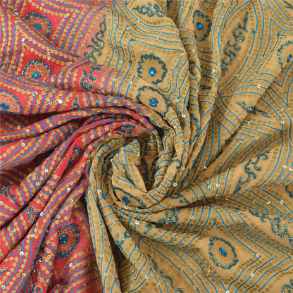 Sanskriti Vintage Cream Sarees Pure Georgette Hand Beaded Craft Fabric 5yd Sari