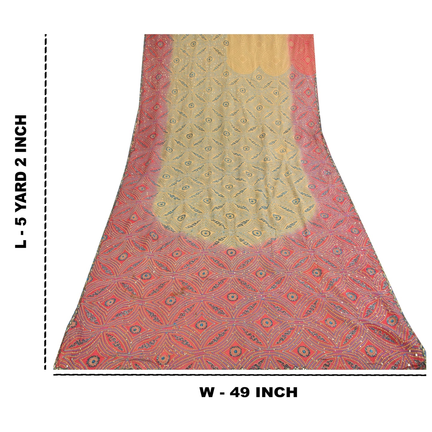 Sanskriti Vintage Cream Sarees Pure Georgette Hand Beaded Craft Fabric 5yd Sari