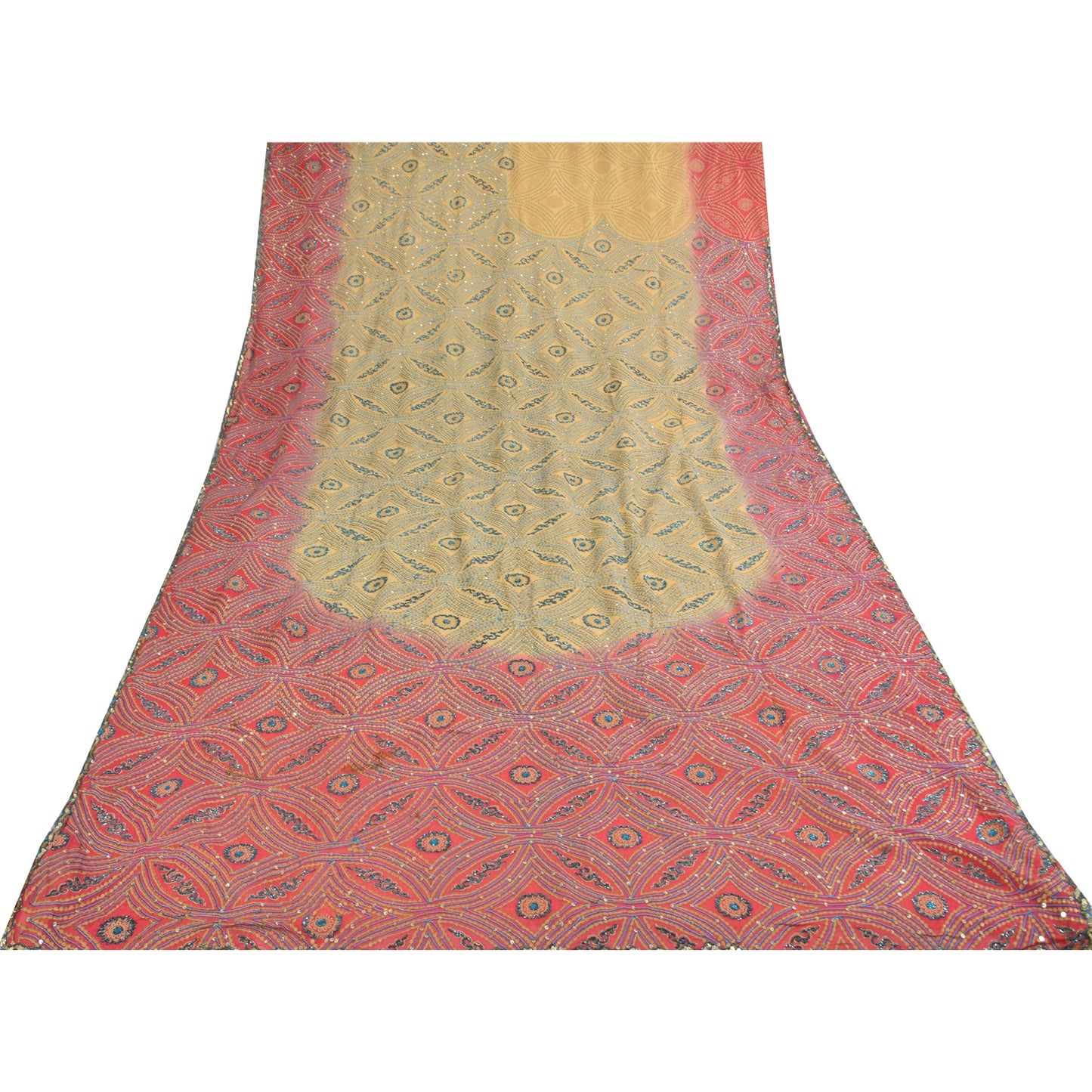Sanskriti Vintage Cream Sarees Pure Georgette Hand Beaded Craft Fabric 5yd Sari