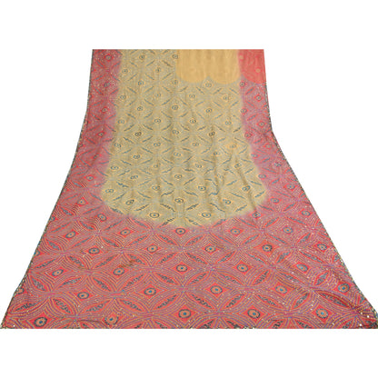 Sanskriti Vintage Cream Sarees Pure Georgette Hand Beaded Craft Fabric 5yd Sari
