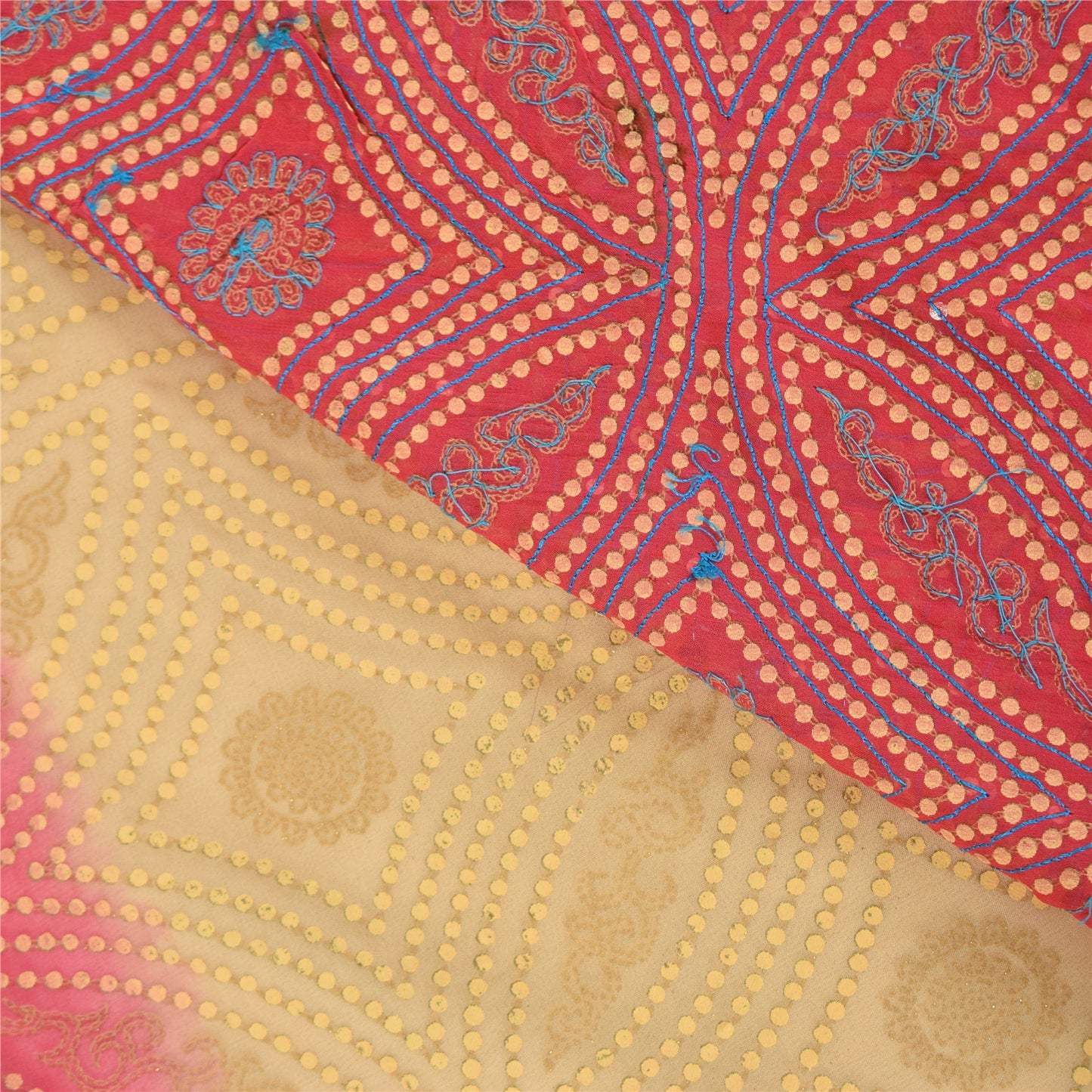 Sanskriti Vintage Cream Sarees Pure Georgette Hand Beaded Craft Fabric 5yd Sari