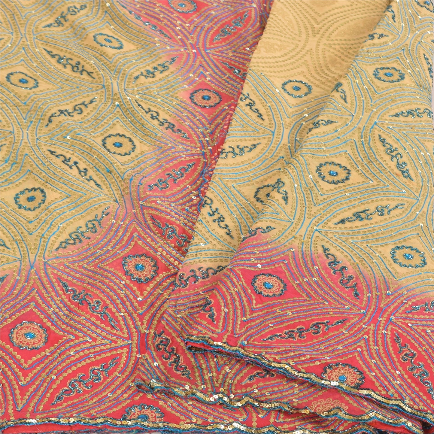 Sanskriti Vintage Cream Sarees Pure Georgette Hand Beaded Craft Fabric 5yd Sari
