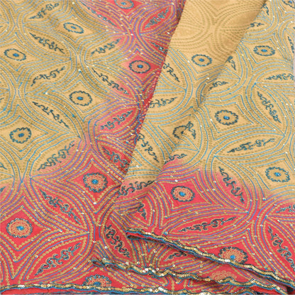 Sanskriti Vintage Cream Sarees Pure Georgette Hand Beaded Craft Fabric 5yd Sari