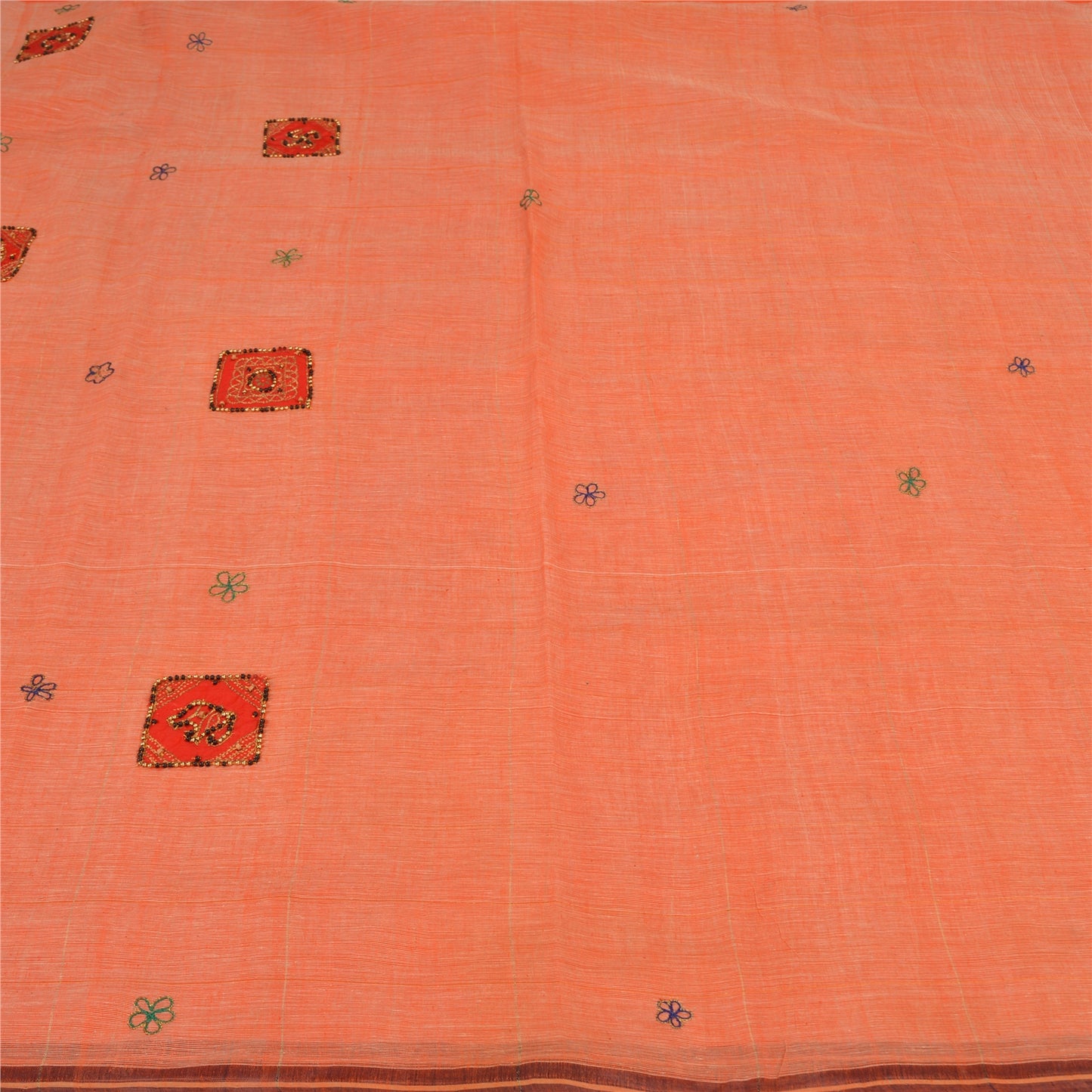Sanskriti Vintage Orange Sarees Pure Cotton Hand Beaded Fabric Craft Sari