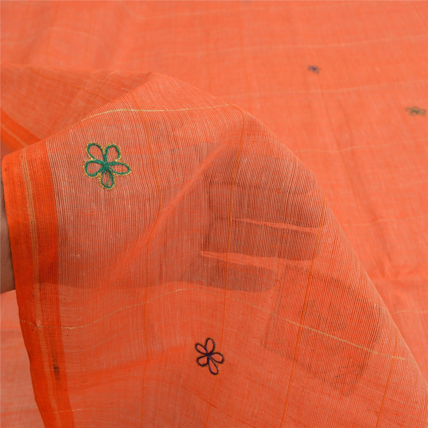 Sanskriti Vintage Orange Sarees Pure Cotton Hand Beaded Fabric Craft Sari