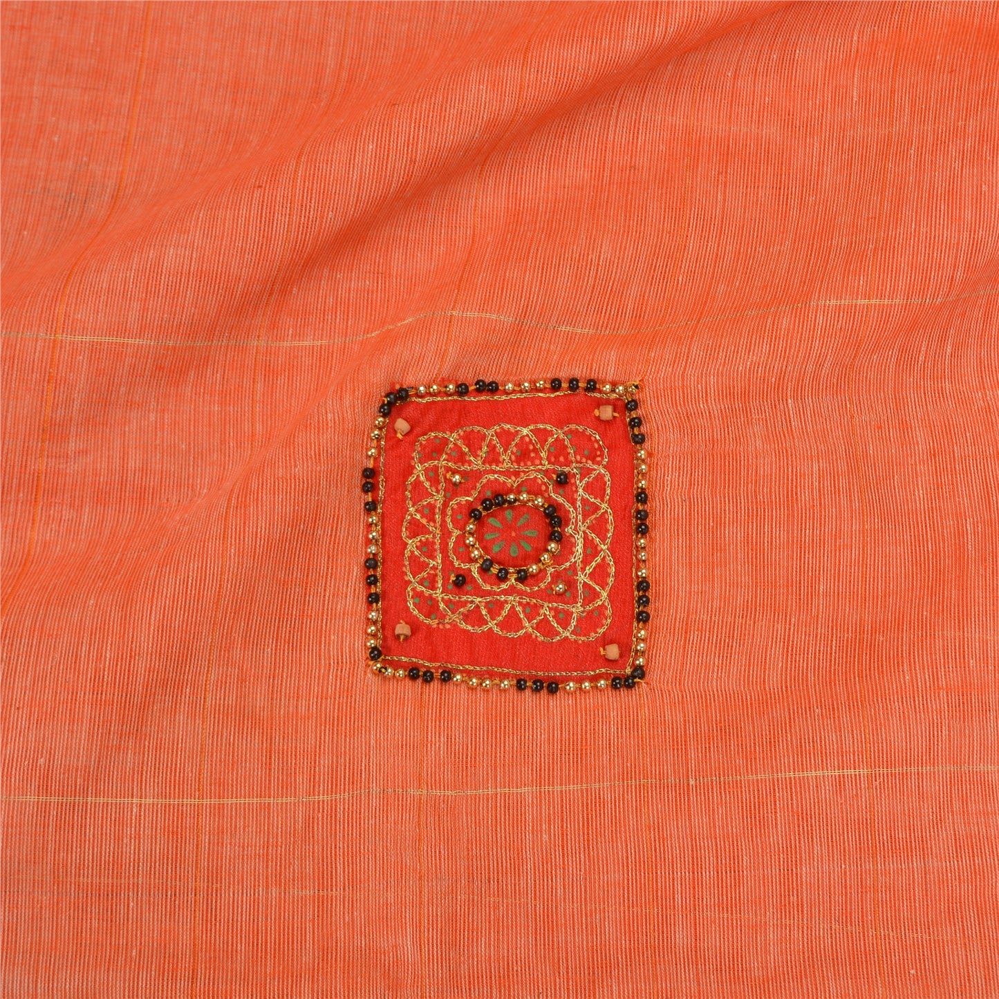 Sanskriti Vintage Orange Sarees Pure Cotton Hand Beaded Fabric Craft Sari