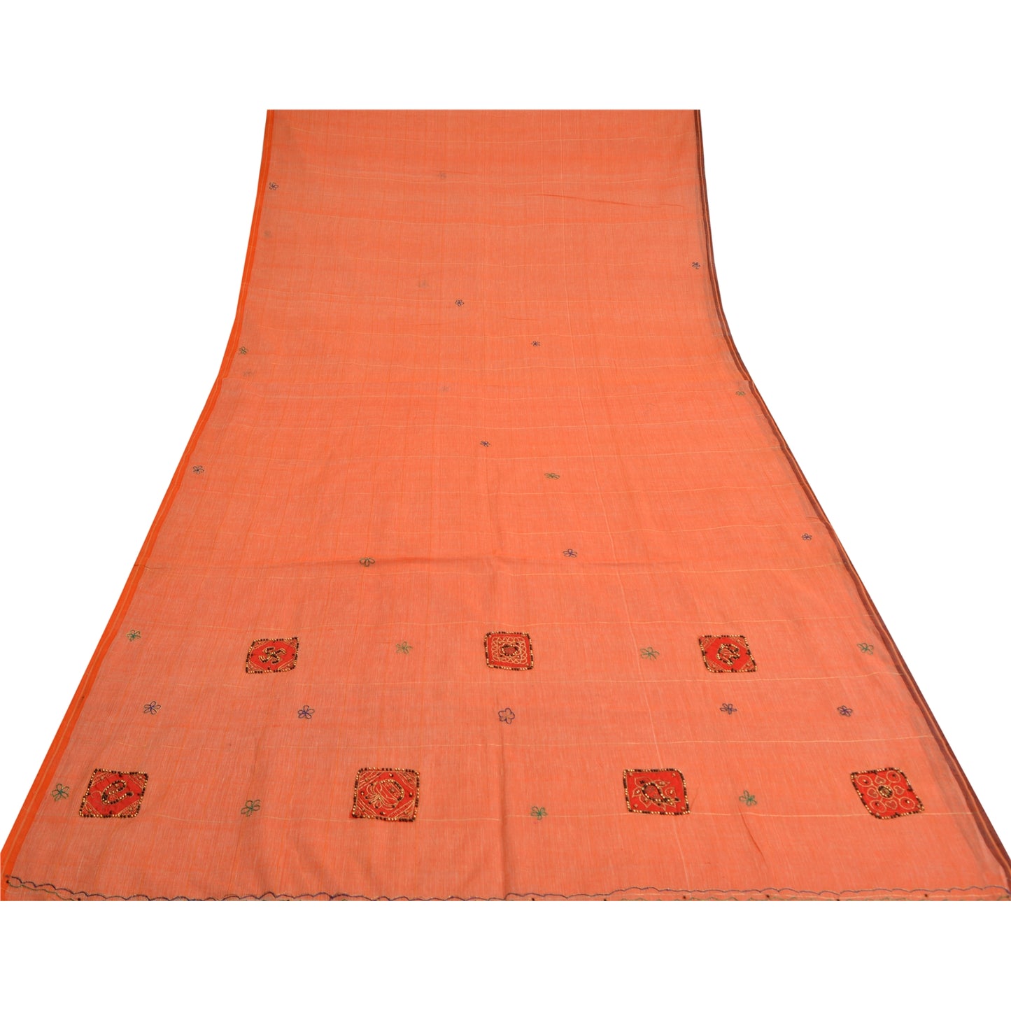 Sanskriti Vintage Orange Sarees Pure Cotton Hand Beaded Fabric Craft Sari