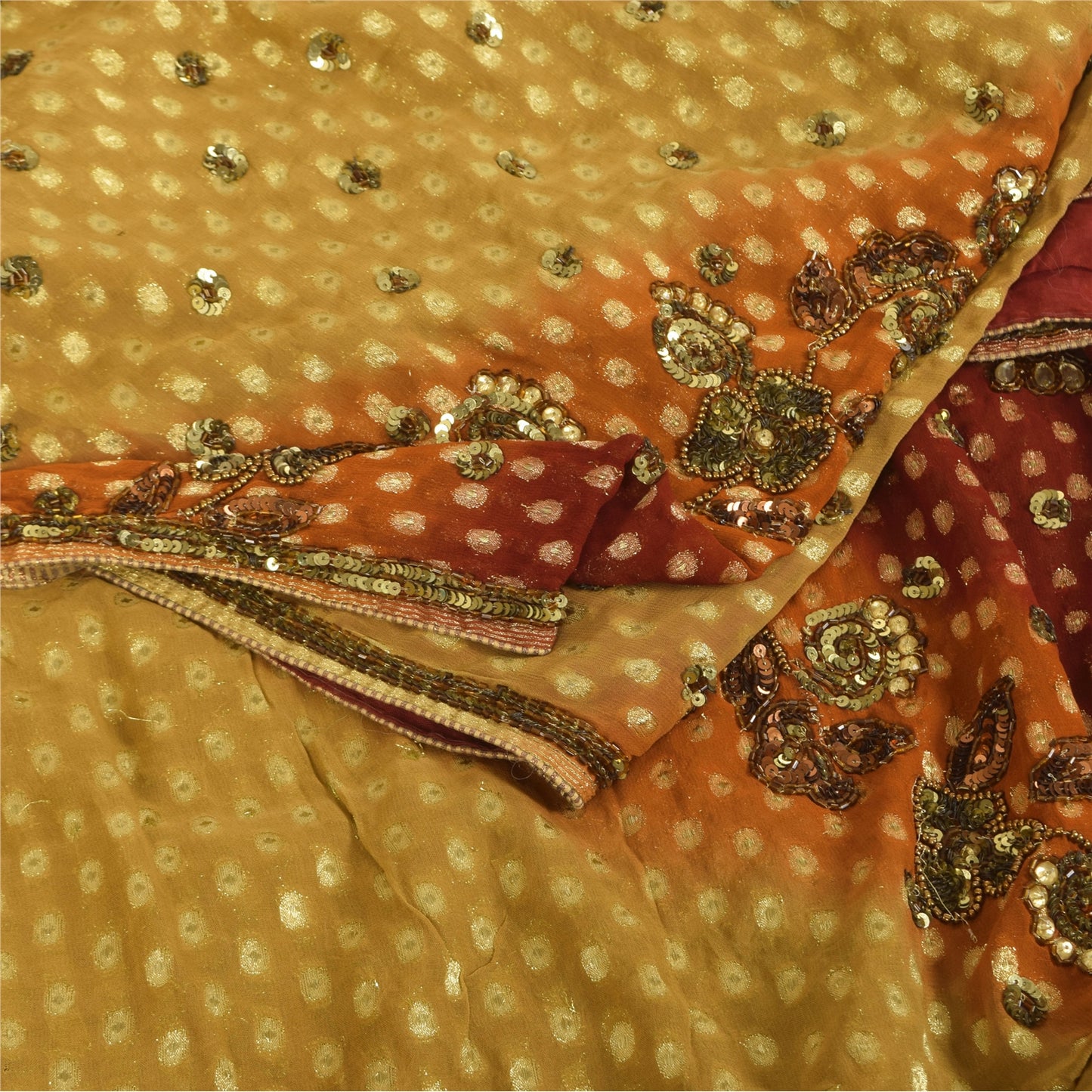 Sanskriti Vintage Green/Red Sarees Pure Georgette Hand Beaded Craft Fabric Sari