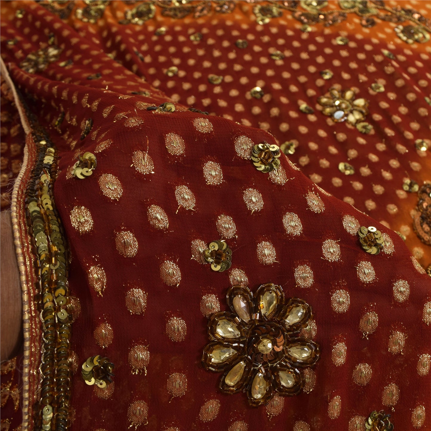 Sanskriti Vintage Green/Red Sarees Pure Georgette Hand Beaded Craft Fabric Sari