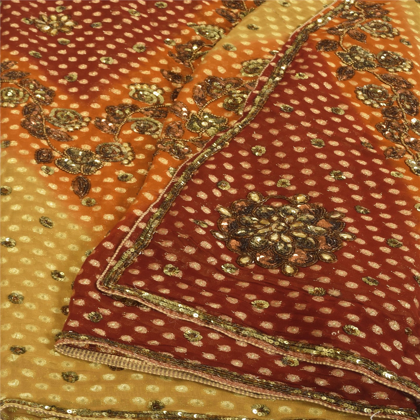 Sanskriti Vintage Green/Red Sarees Pure Georgette Hand Beaded Craft Fabric Sari