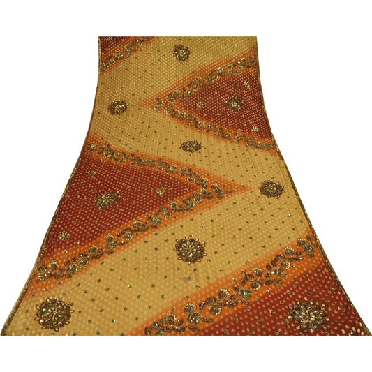 Sanskriti Vintage Green/Red Sarees Pure Georgette Hand Beaded Craft Fabric Sari