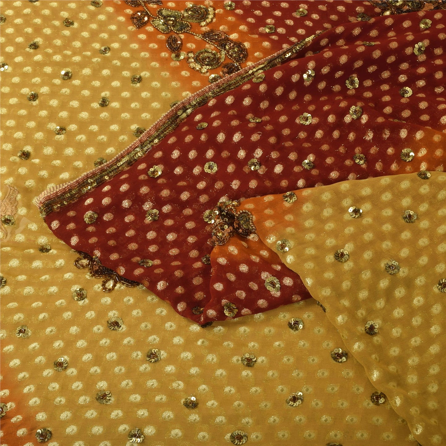 Sanskriti Vintage Green/Red Sarees Pure Georgette Hand Beaded Craft Fabric Sari