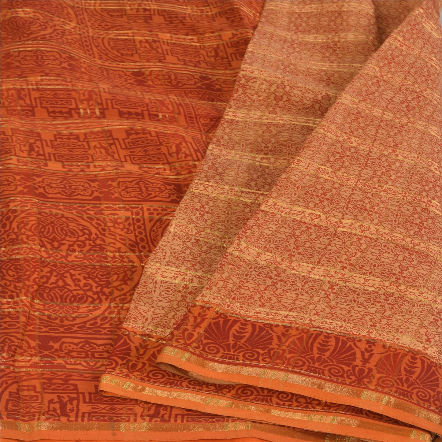 Sanskriti Vintage Indian Orange Saree Pure Cotton Woven Premium Sari 5yd Fabric