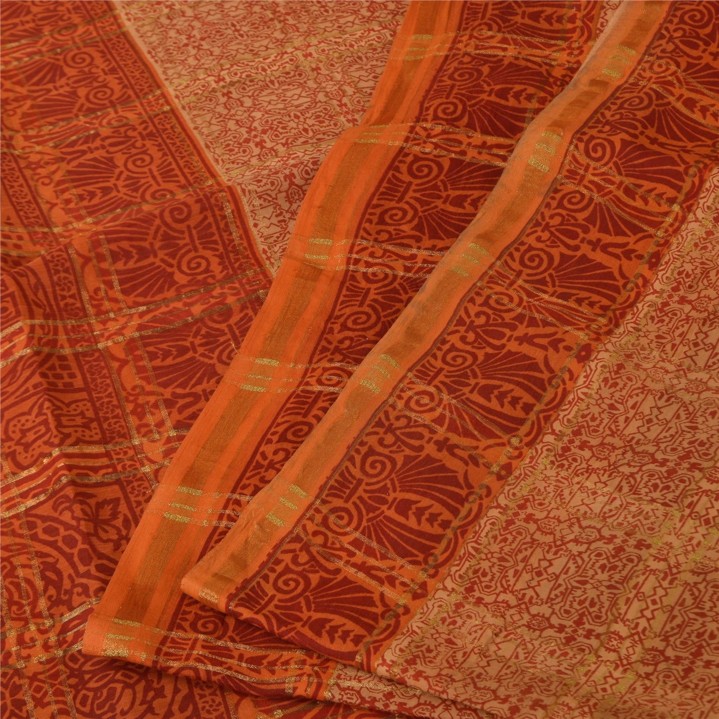 Sanskriti Vintage Indian Orange Saree Pure Cotton Woven Premium Sari 5yd Fabric