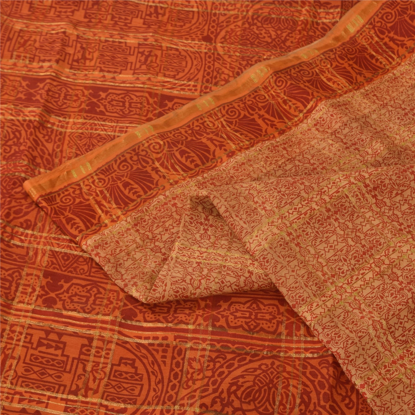 Sanskriti Vintage Indian Orange Saree Pure Cotton Woven Premium Sari 5yd Fabric