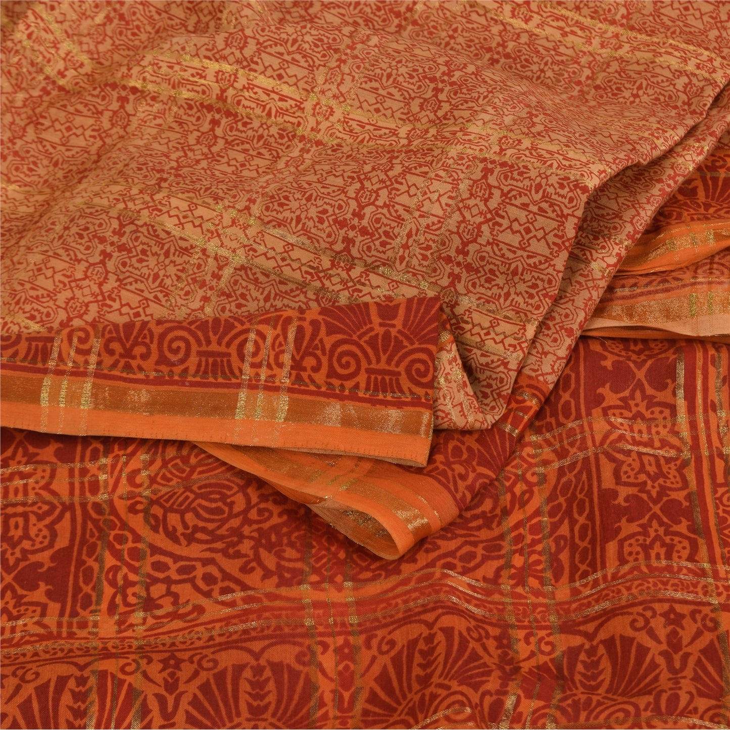 Sanskriti Vintage Indian Orange Saree Pure Cotton Woven Premium Sari 5yd Fabric