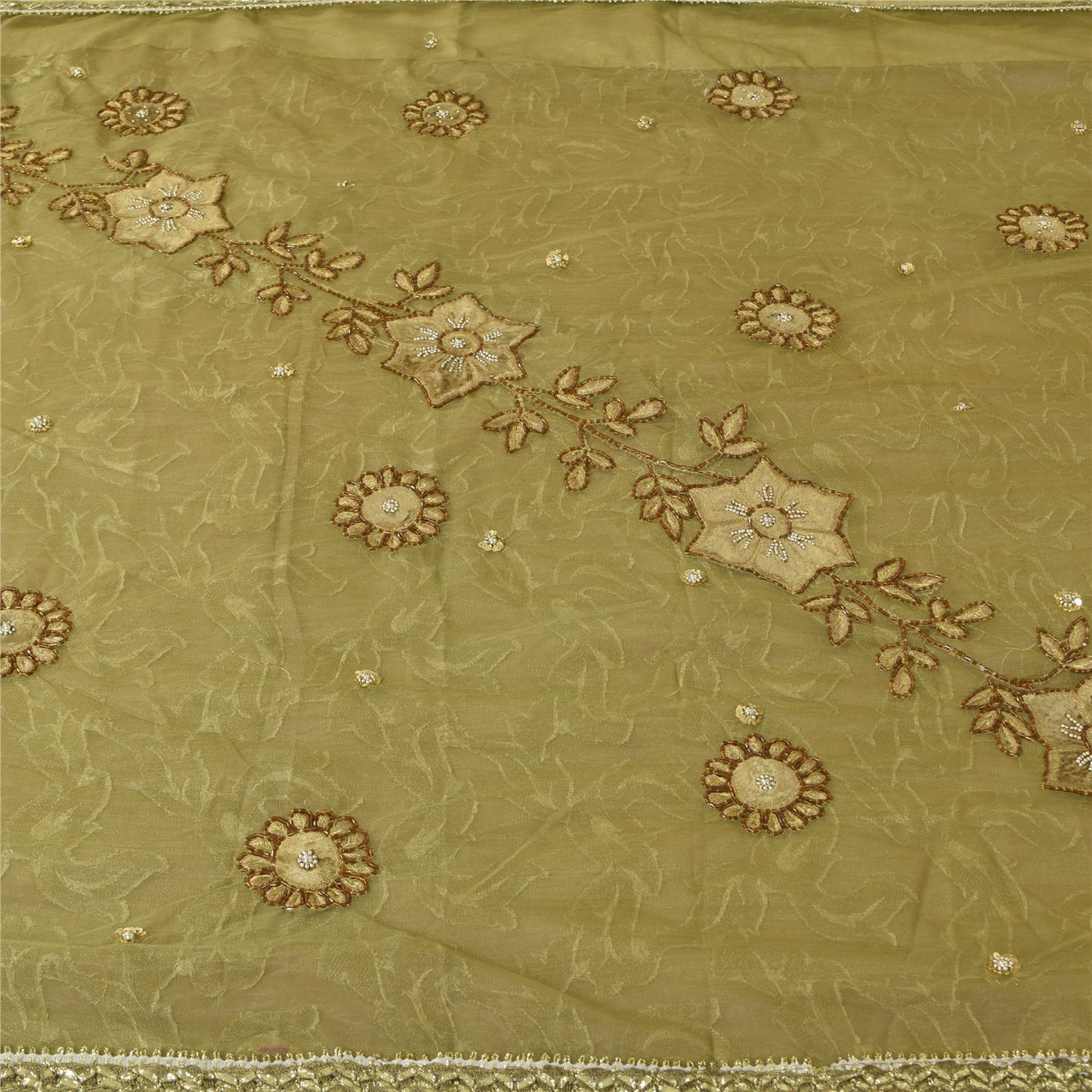 Sanskriti Vintage Green Sarees Net/Georgette Hand Bead Woven Sequins Fabric Sari