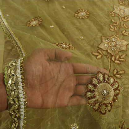 Sanskriti Vintage Green Sarees Net/Georgette Hand Bead Woven Sequins Fabric Sari