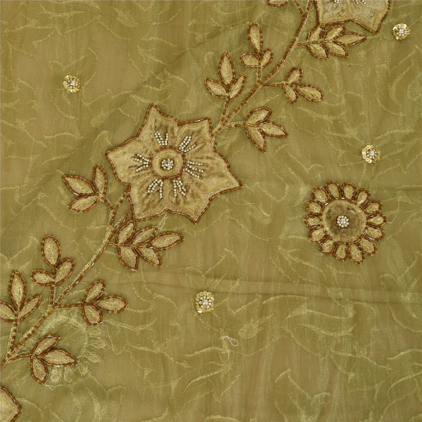 Sanskriti Vintage Green Sarees Net/Georgette Hand Bead Woven Sequins Fabric Sari