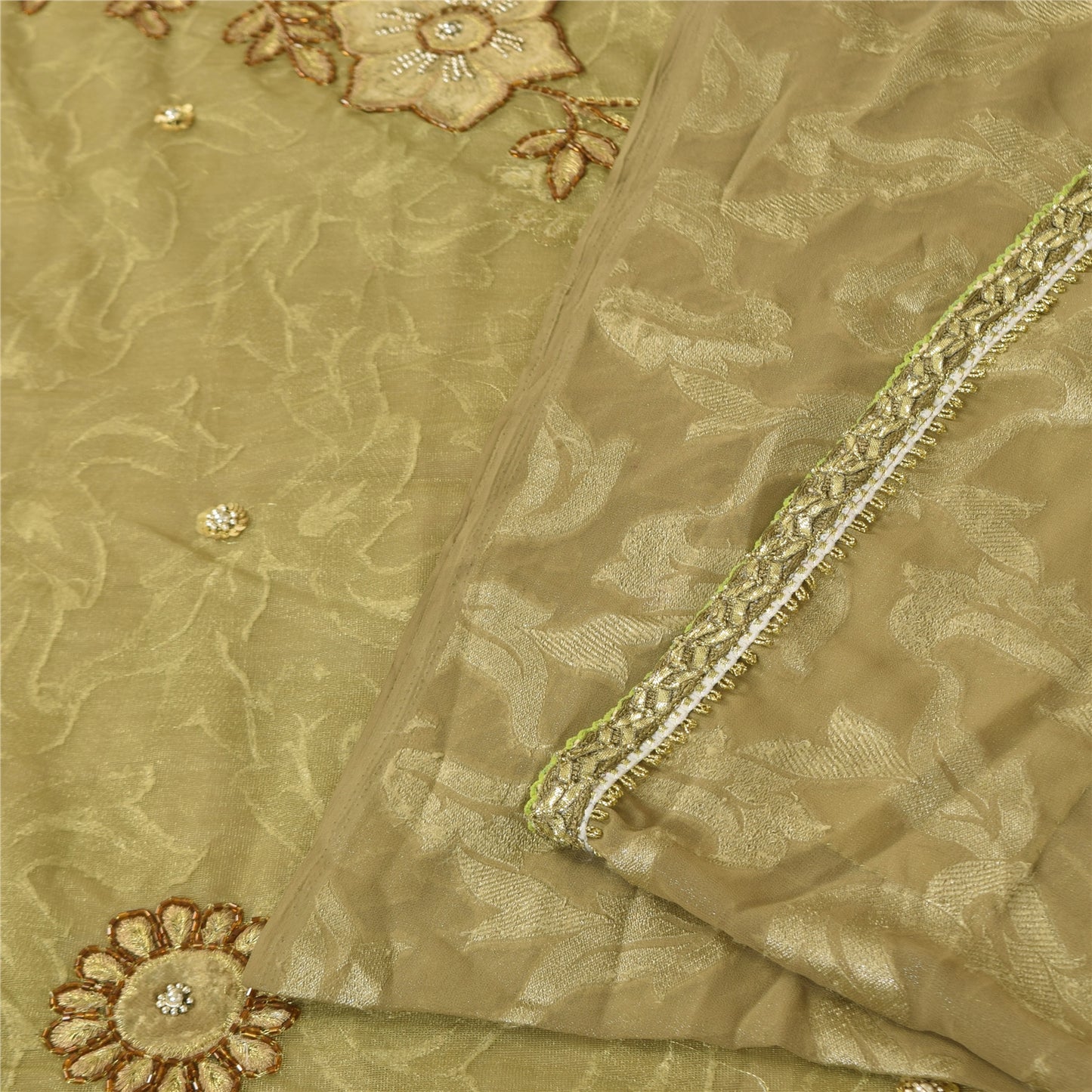 Sanskriti Vintage Green Sarees Net/Georgette Hand Bead Woven Sequins Fabric Sari