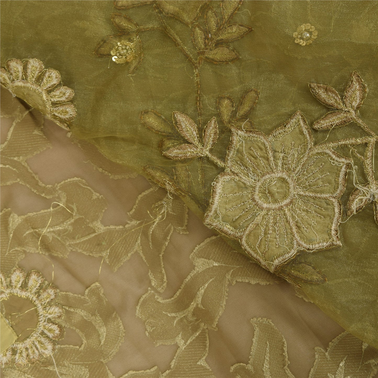 Sanskriti Vintage Green Sarees Net/Georgette Hand Bead Woven Sequins Fabric Sari