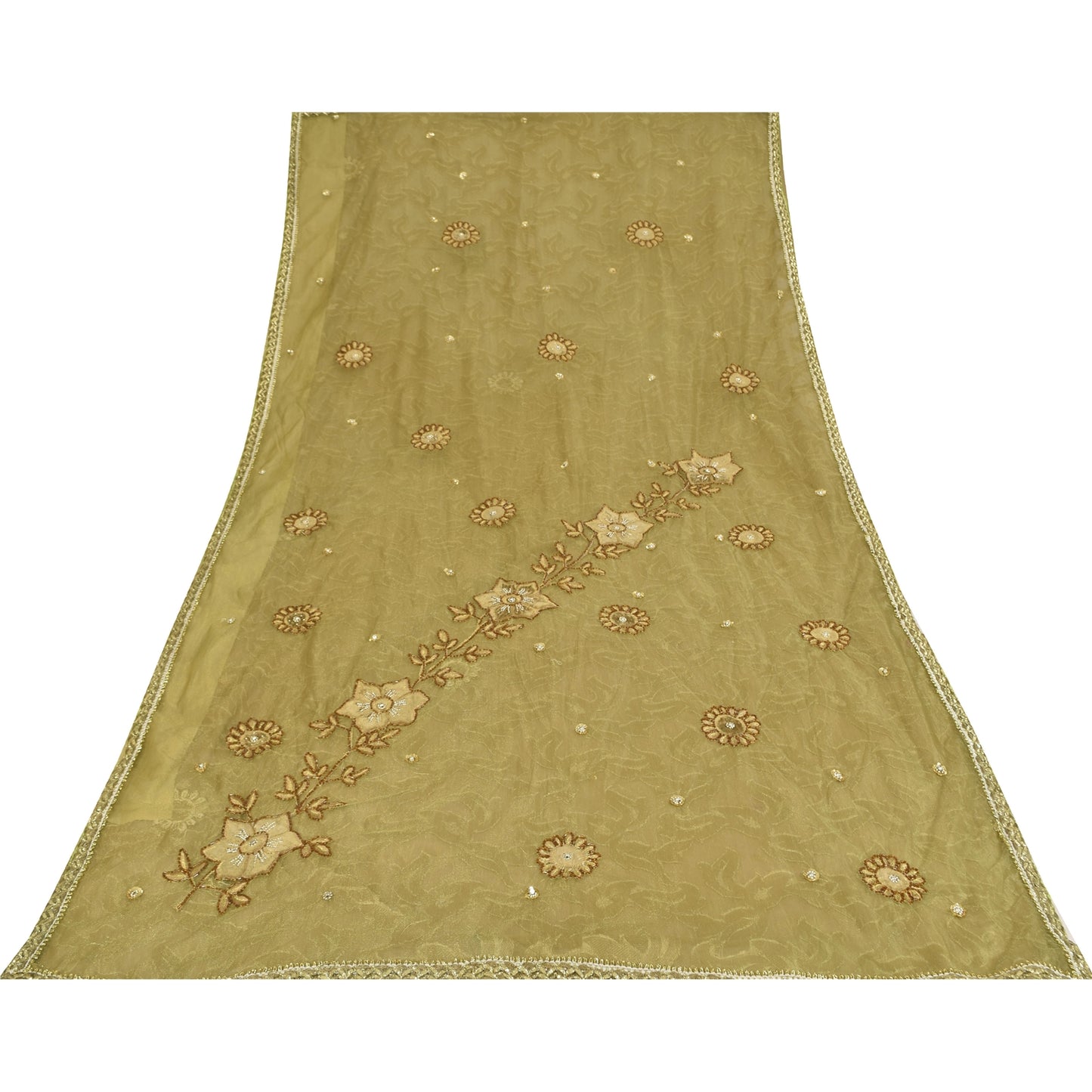 Sanskriti Vintage Green Sarees Net/Georgette Hand Bead Woven Sequins Fabric Sari